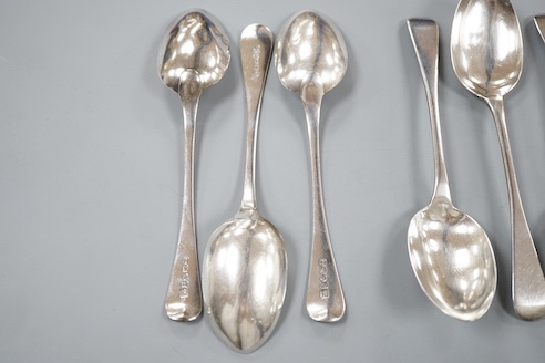 A set of six William IV provincial silver Old English pattern dessert spoons, Whitwell, Barber & North, York, 1832, 7oz.